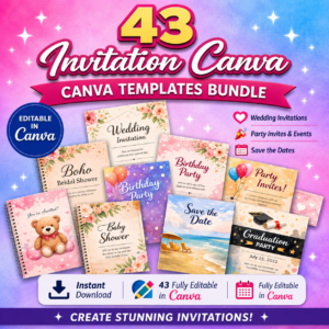 43 Invitation Canva Templates Bundle | Editable Birthday, Baby Shower & Party Invitations