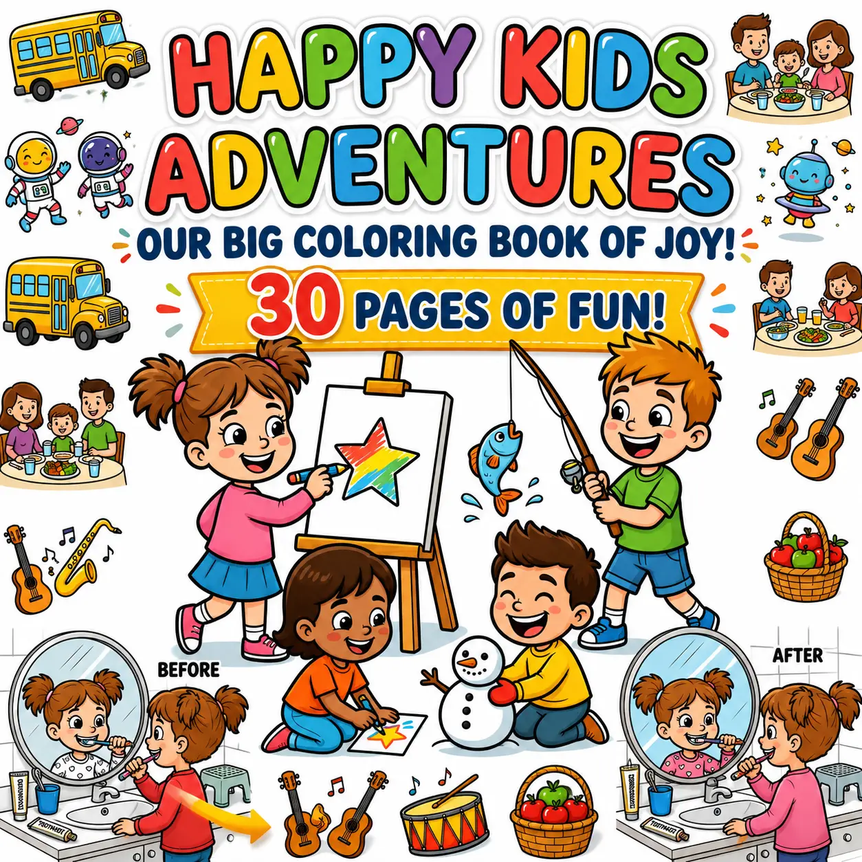 Happy Kids Adventures Coloring Book 30 pages